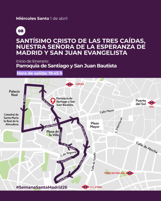 procesión Tres Caídas Madrid Miércoles Santo recorrido Santiago San Juan Bautista horario