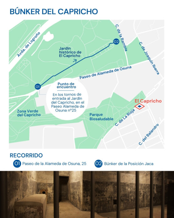 Mapa del recorrido al búnker del Jardín del Capricho en Madrid con punto de acceso desde la Alameda de Osuna