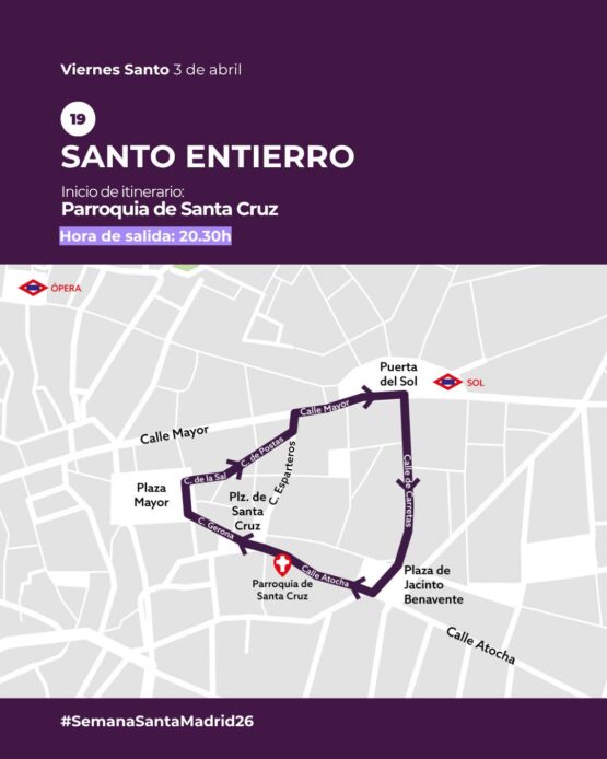 Santo Entierro Madrid centro recorrido Viernes Santo parroquia Santa Cruz horarioTítulo: Santo Entierro en el centro de Madrid: recorrido y horario