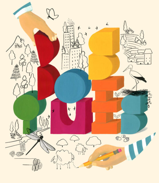 Ilustración colorida con letras Día Internacional de los Bosques