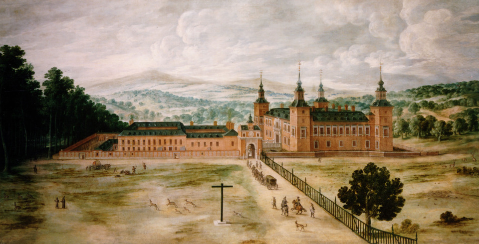 Vista del Palacio Real de El Pardo en el siglo XVII con entorno de caza y acceso principal
