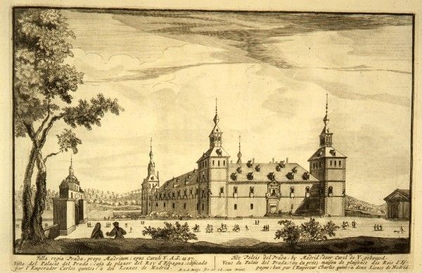 Grabado antiguo del Palacio de El Pardo en Madrid con su entorno y arquitectura original