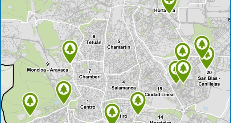 Mapa interactivo de parques de Madrid en la app con localización de zonas verdes