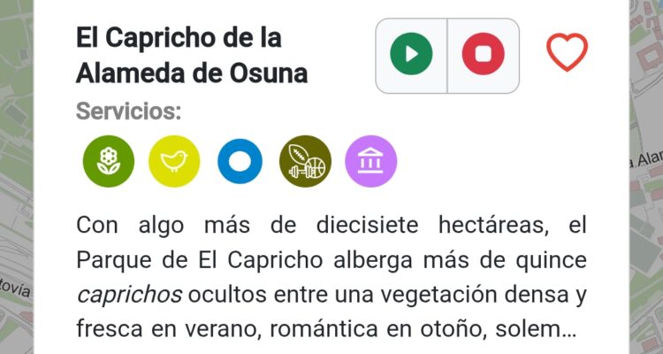 Ficha informativa del parque El Capricho en la app de parques de Madrid