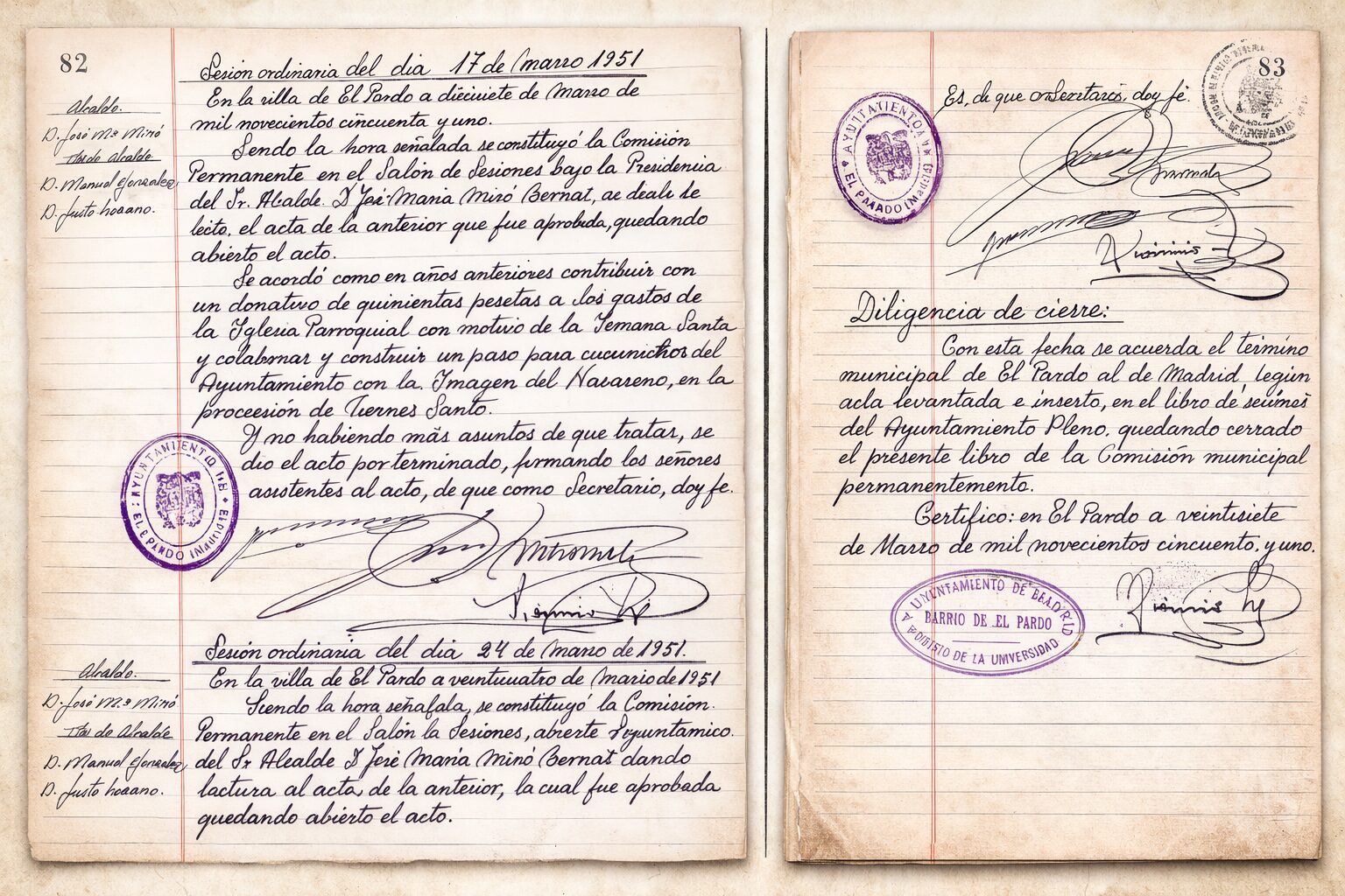 Acta del Ayuntamiento de El Pardo de marzo de 1951 previa a la anexión a Madrid