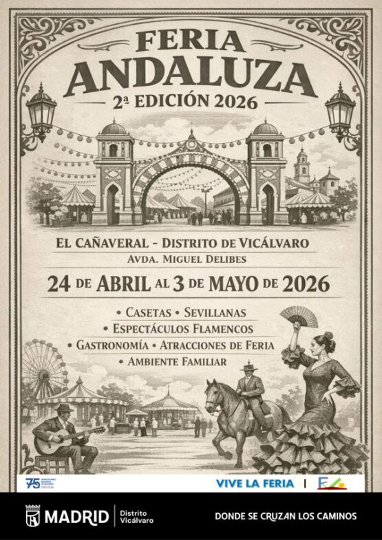 Cartel de la Feria Andaluza 2026 en El Cañaveral con ilustración de casetas y flamenco