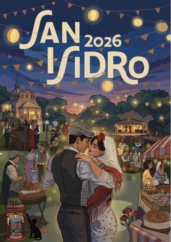 Cartel vertical San Isidro 2026 Madrid con ambiente festivo y chulapos