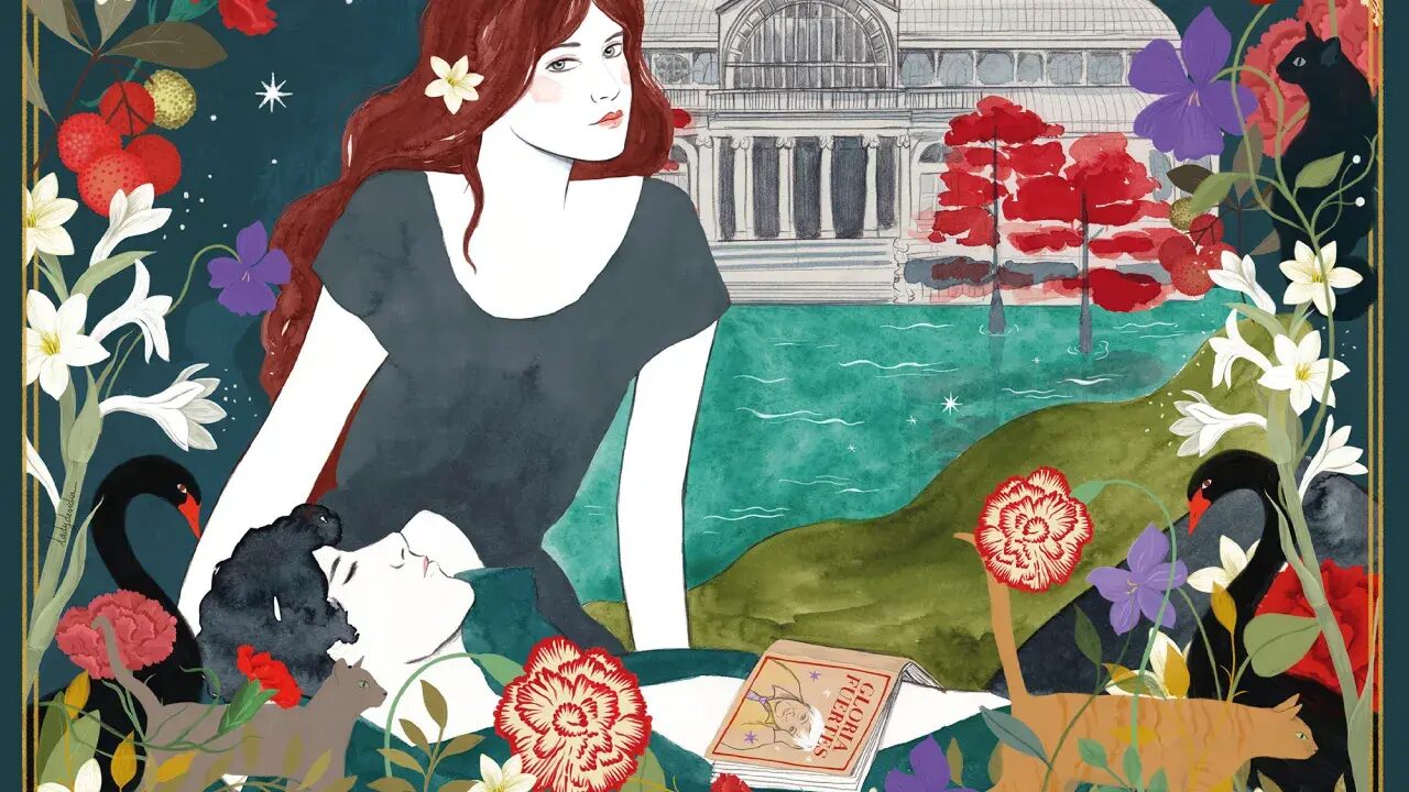 Ilustración artística de una mujer con elementos florales y paisaje urbano en la exposición Icónica Madrid