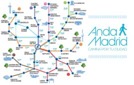 Plano esquemático de Anda Madrid con las rutas peatonales y conexiones sostenibles entre los principales espacios emblemáticos de Madrid