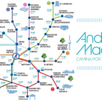 Plano esquemático de Anda Madrid con las rutas peatonales y conexiones sostenibles entre los principales espacios emblemáticos de Madrid
