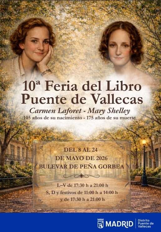 Cartel de la 10ª Feria del Libro de Puente de Vallecas 2026 con homenaje a Carmen Laforet y Mary Shelley