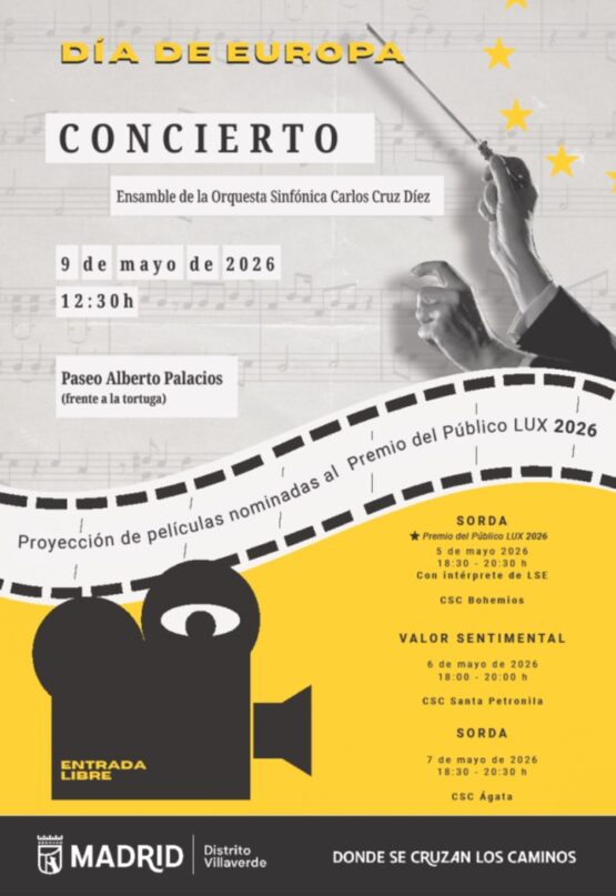 Cartel del concierto por el Día de Europa 2026 en Paseo Alberto Palacios con orquesta sinfónica y proyección de películas Lux