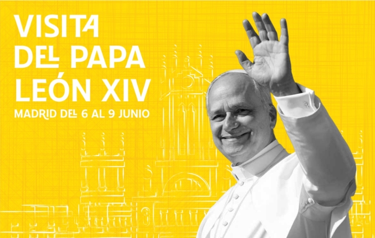 Banner oficial del Ayuntamiento de Madrid con la imagen del papa León XIV saludando sobre fondo amarillo y el texto 'Visita del Papa León XIV, Madrid del 6 al 9 de junio'