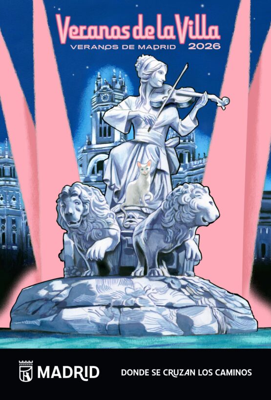 Cartel de Veranos de la Villa 2026 con la Fuente de Cibeles convertida en escenario musical, la diosa tocando el violín y un gato sobre el monumento.