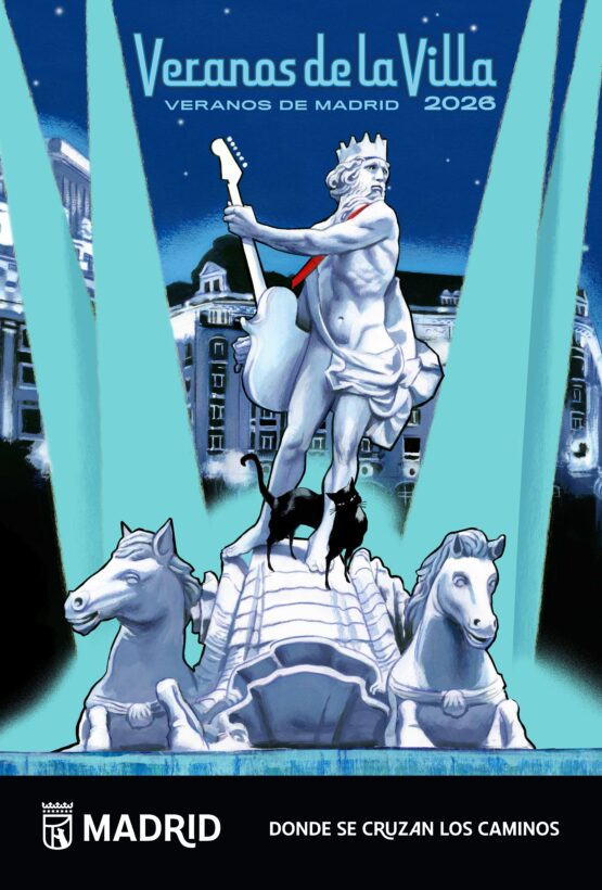 Cartel de Veranos de la Villa 2026 con la Fuente de Neptuno convertida en escenario musical, el dios Neptuno con una guitarra eléctrica y dos gatos negros.