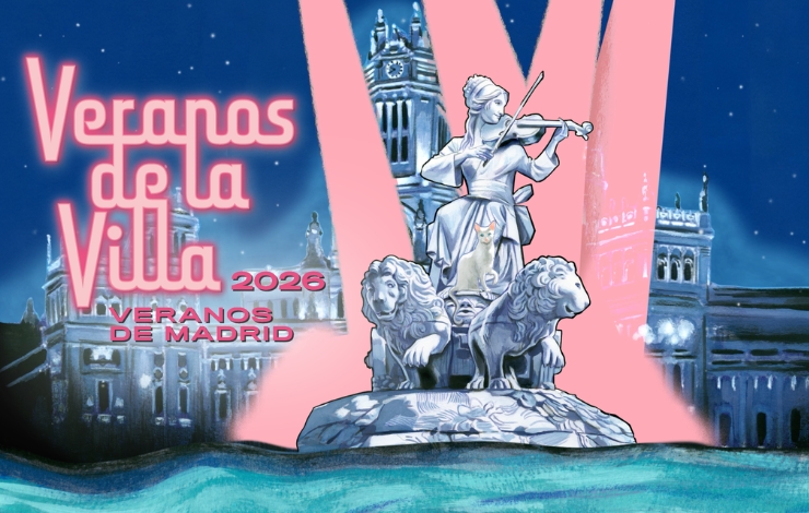 Cartel de Veranos de la Villa 2026 con la Fuente de Cibeles, la diosa tocando el violín y un gato sobre el monumento, con el Palacio de Cibeles iluminado al fondo.