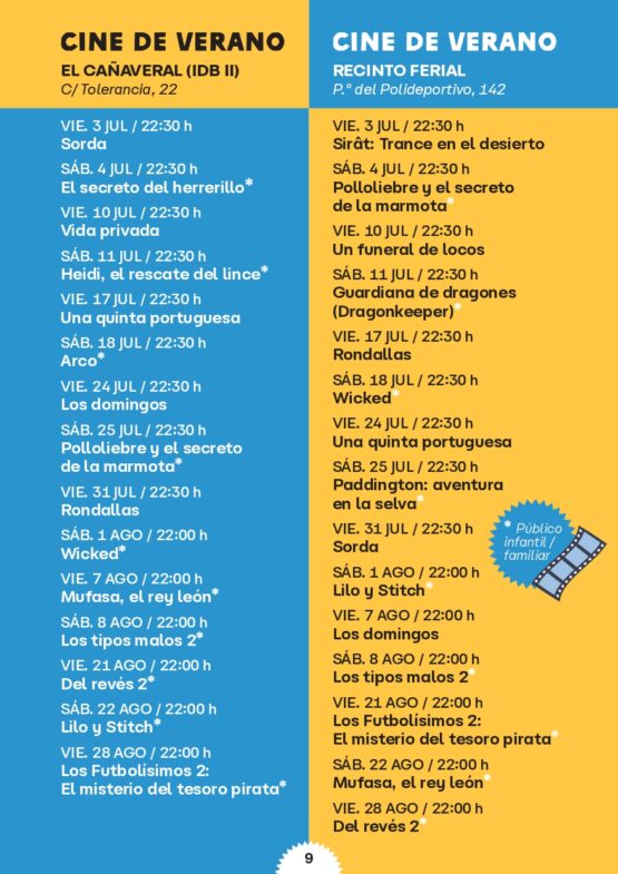 Cartel de la programación del cine de verano 2026 en Vicálvaro