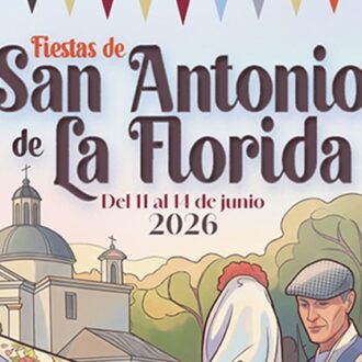 Cartel de las Fiestas de San Antonio de La Florida en el que se ve la cúpula de la ermita de San Antonio y la verbena con una chulapa con el mantón abierto y un chulapo que la mira