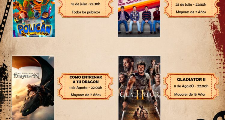 Cartel de la programación del cine de verano de Usera en la plaza Romana del barrio de Moscardó