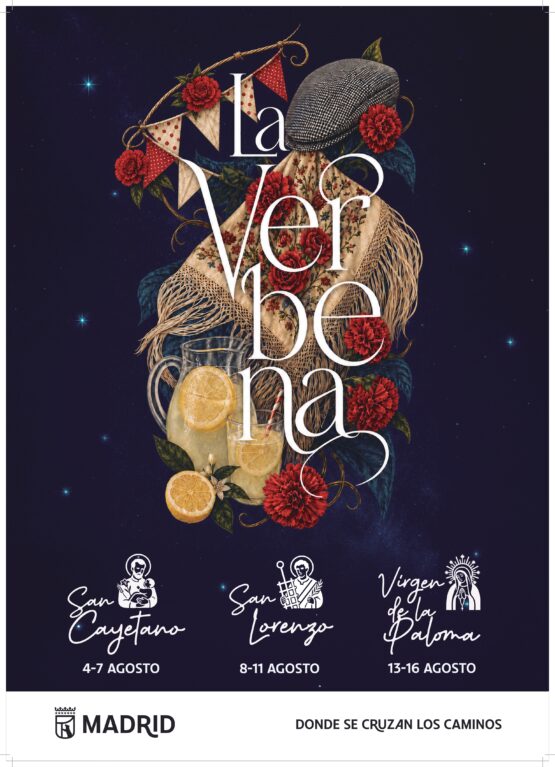 Cartel nocturno de las fiestas de San Cayetano, San Lorenzo y la Virgen de la Paloma 2026 en el Distrito Centro de Madrid, con mantón, parpusa, claveles y limonada sobre fondo azul estrellado