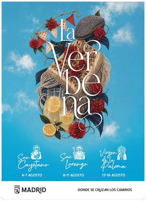 Cartel diurno de las fiestas de San Cayetano, San Lorenzo y la Virgen de la Paloma 2026 en el Distrito Centro de Madrid, con mantón, parpusa, claveles y limonada sobre fondo de cielo azul
