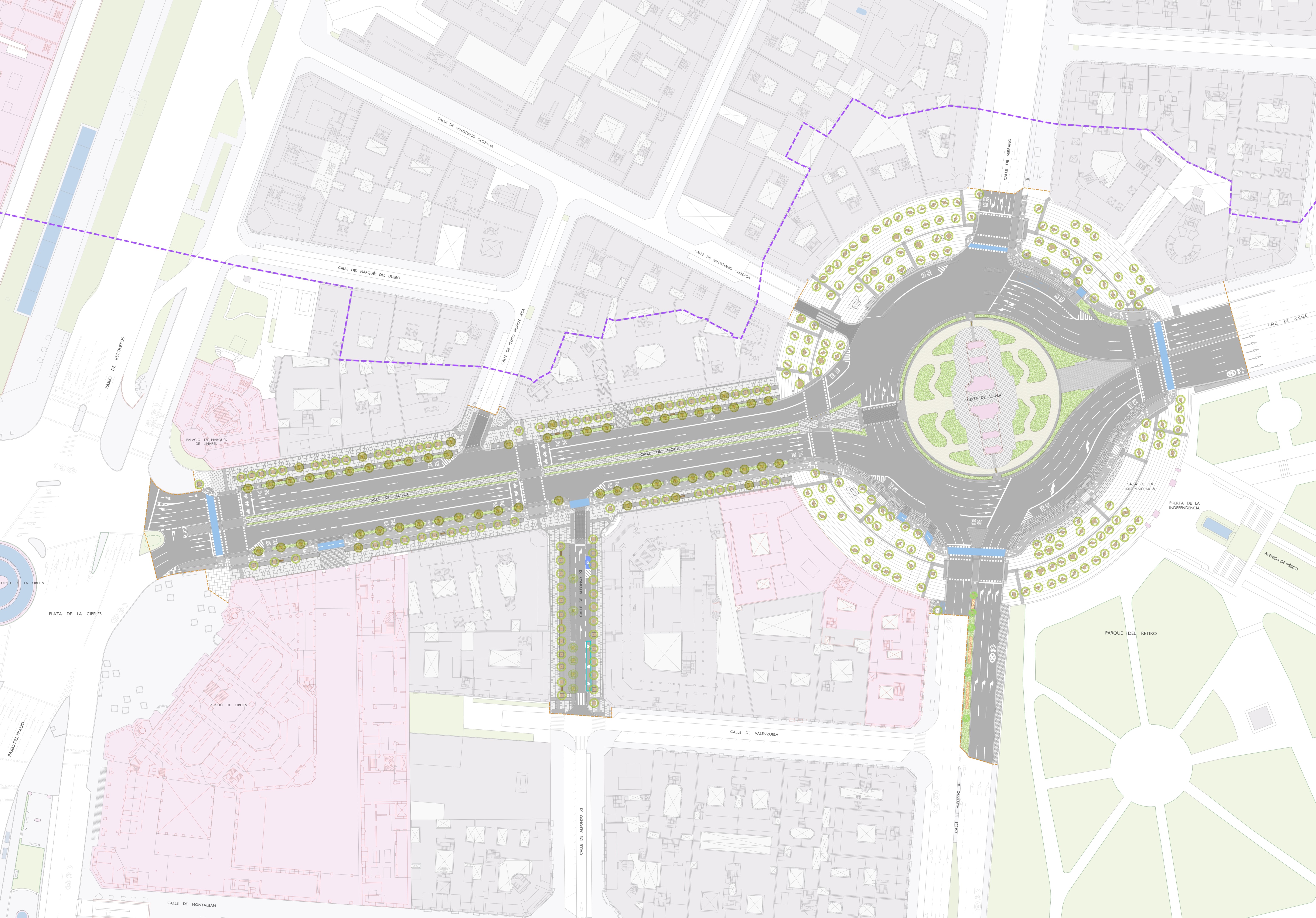 Plano del proyecto de remodelación de la calle de Alcalá entre las plazas de Cibeles e Independencia 