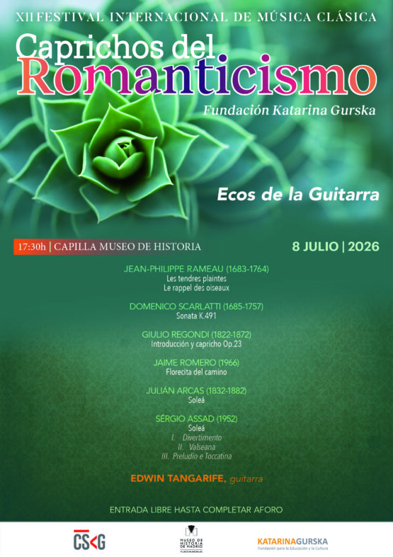 Cartel del concierto “Ecos de la Guitarra” del XII Festival Internacional de Música Clásica Caprichos del Romanticismo, con la información del programa, fecha y lugar del evento.