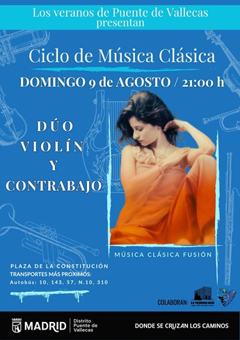 Dúo violín y contrabajo, actuación en Puente de Vallecas