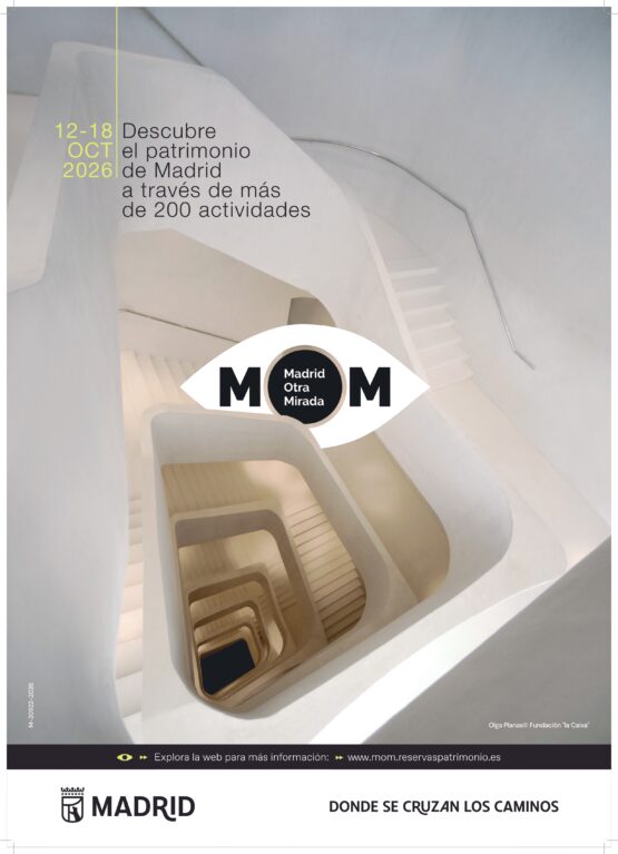 Cartel de Madrid Otra Mirada 2026 con una escalera interior y el logotipo de MOM