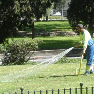 Jardinero regando un parque. Imagen de archivo