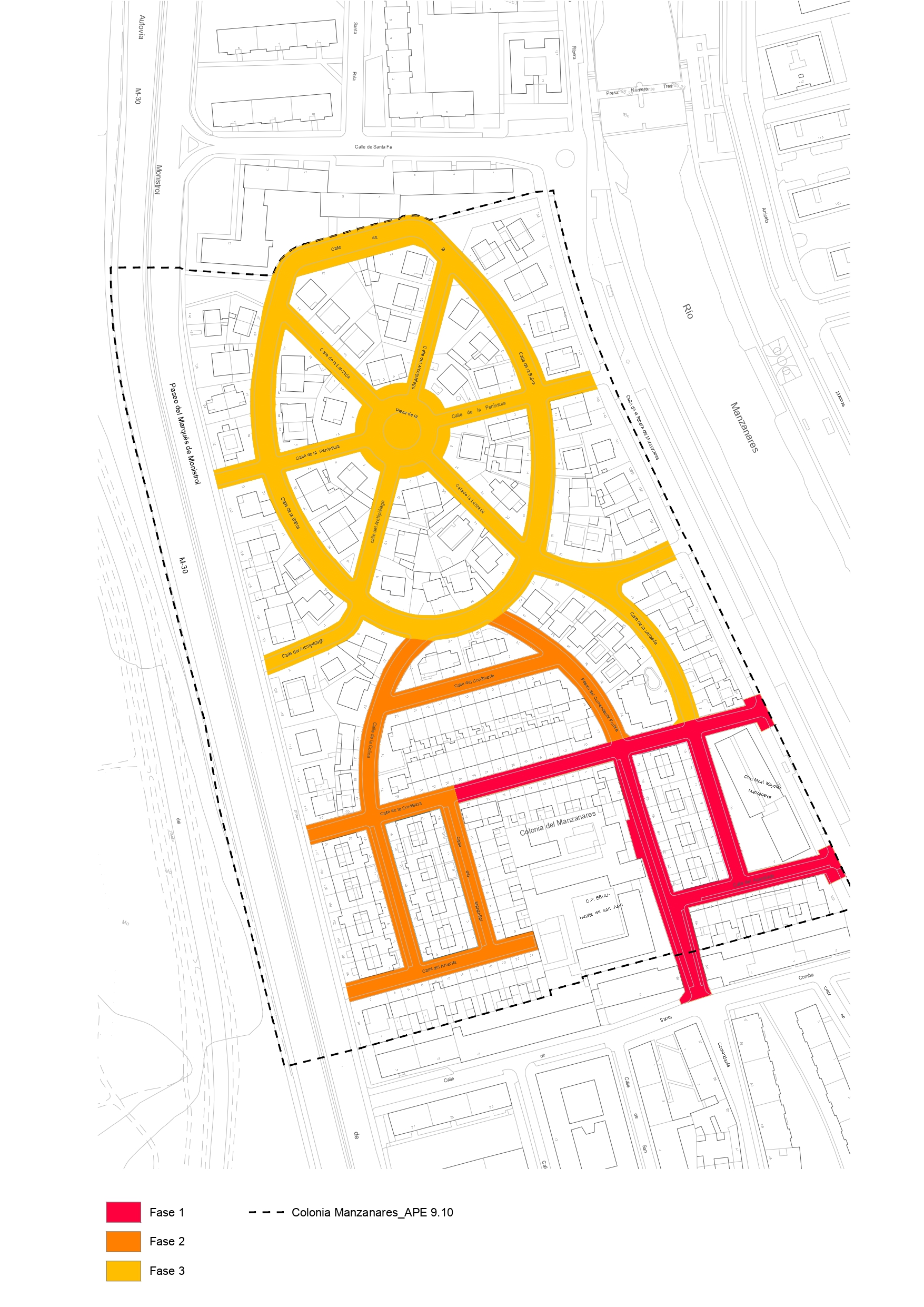 Plano de las fases de las obras de remodelación de la Colonia Manzanares