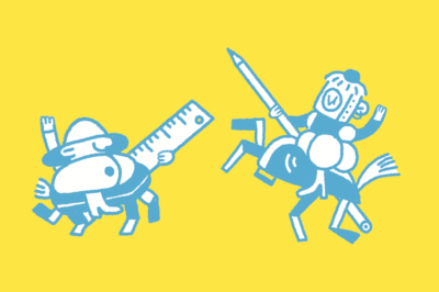 Ilustración de Don Quijote y Sancho Panza con fondo amarillo y sus armas son una regla y un lapicero