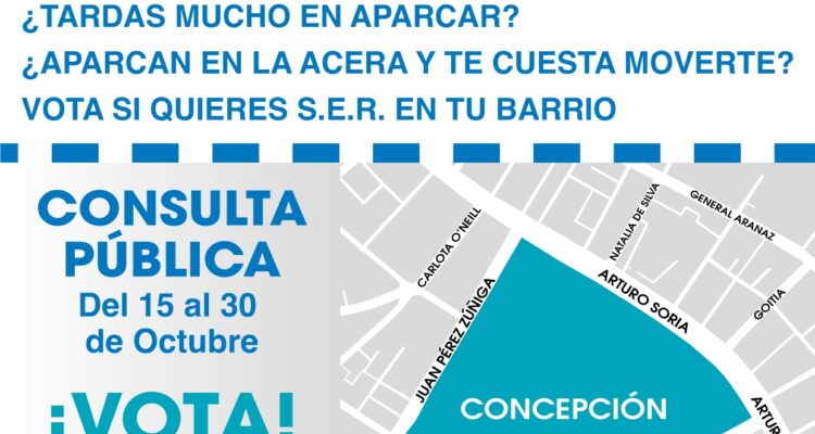 Cartel informativo de la consulta pública sobre la ampliación de la zona SER en el barrio de Concepción en Ciudad Lineal