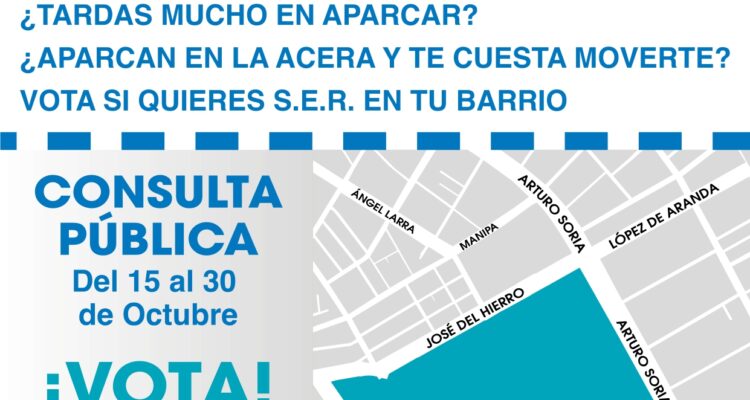 Cartel informativo de la consulta pública sobre la ampliación de la zona SER en el barrio de Quintana en Ciudad Lineal