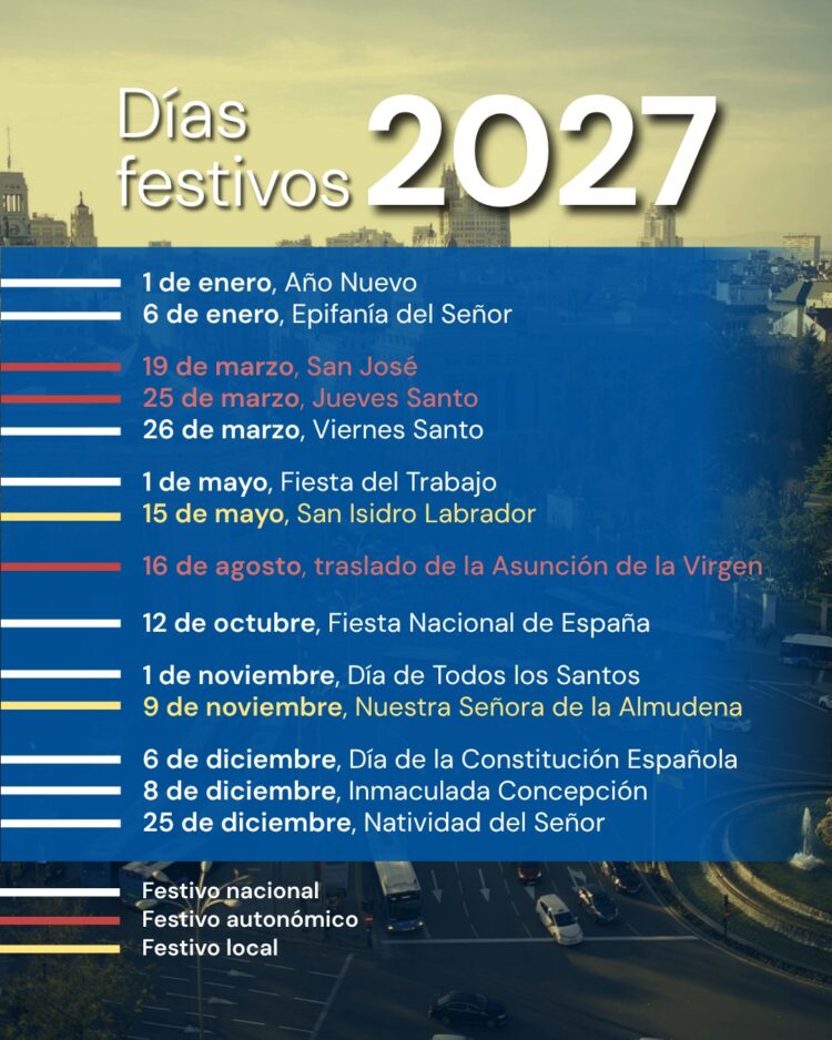 Listado del calendario laboral 2027 en Madrid