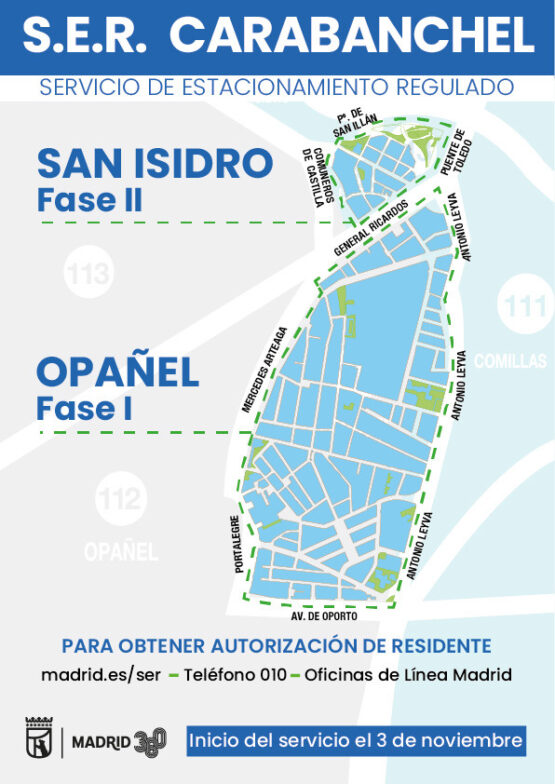 Plano de la zona SER en los barrios de Opañel y San Isidro de Carabanchel