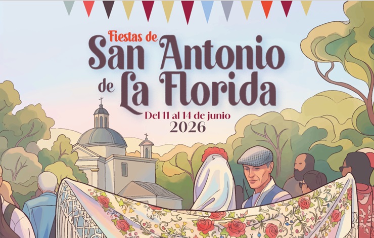 Fragmento del cartel de las Fiestas de San Antonio de La Florida en el que al fondo se contempla la torre de la ermita del santo y en primer plano, dos chulapos